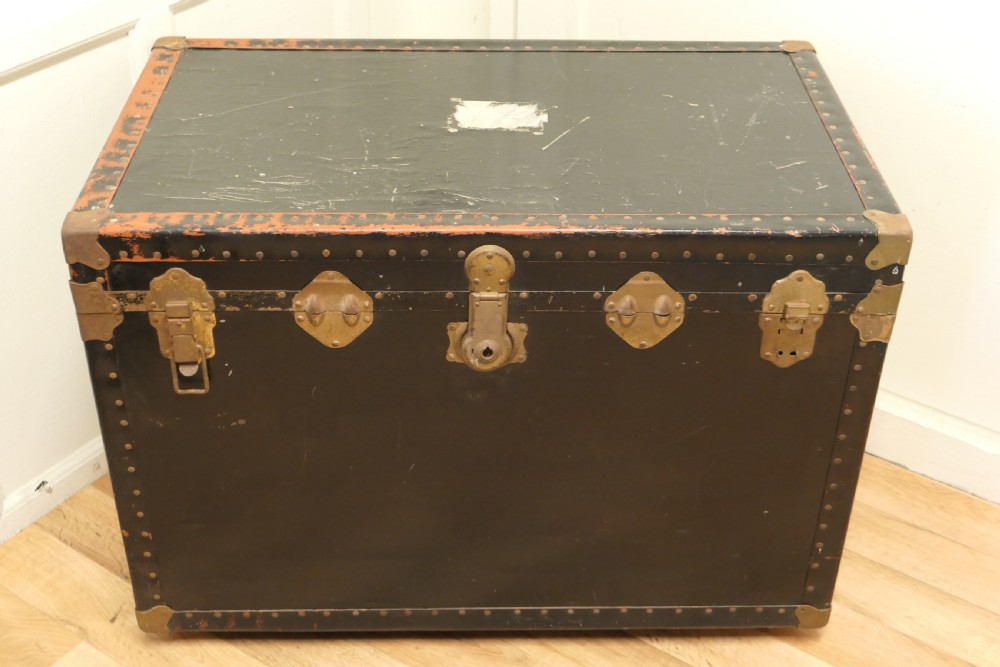 Large Vintage Rigid Canvas Travel Trunk, Steamer Trunk on Wheels View II