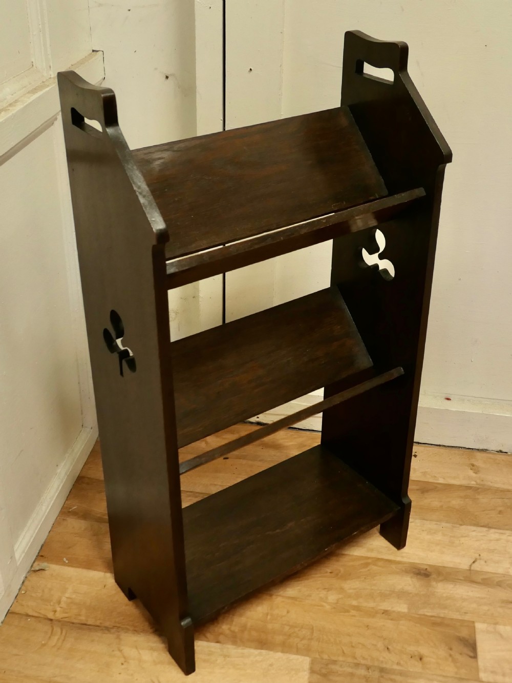 Arts and Crafts Irish Open Front Oak Slope-Shelf Bookcase.