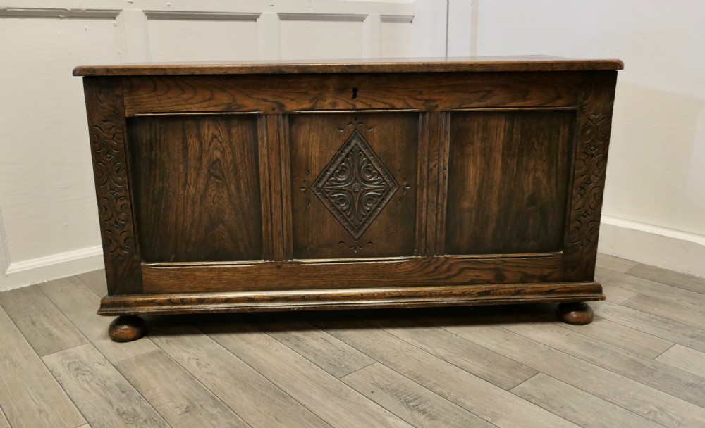 Arts and Crafts Carved Panelled Oak Coffer 