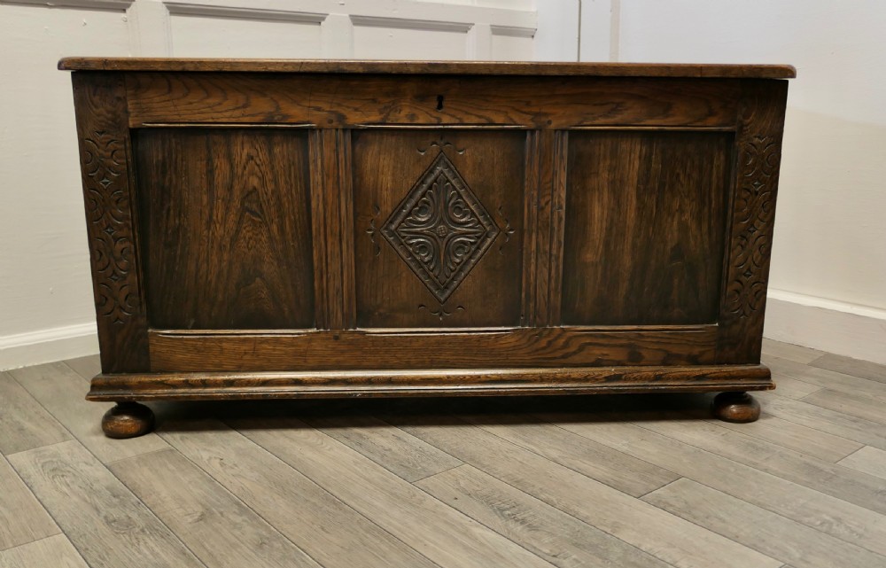 Arts and Crafts Carved Panelled Oak Coffer  View II