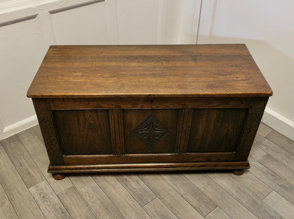 Arts and Crafts Carved Panelled Oak Coffer  View III