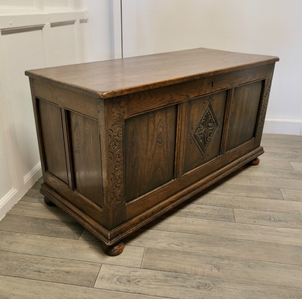 Arts and Crafts Carved Panelled Oak Coffer  View IV