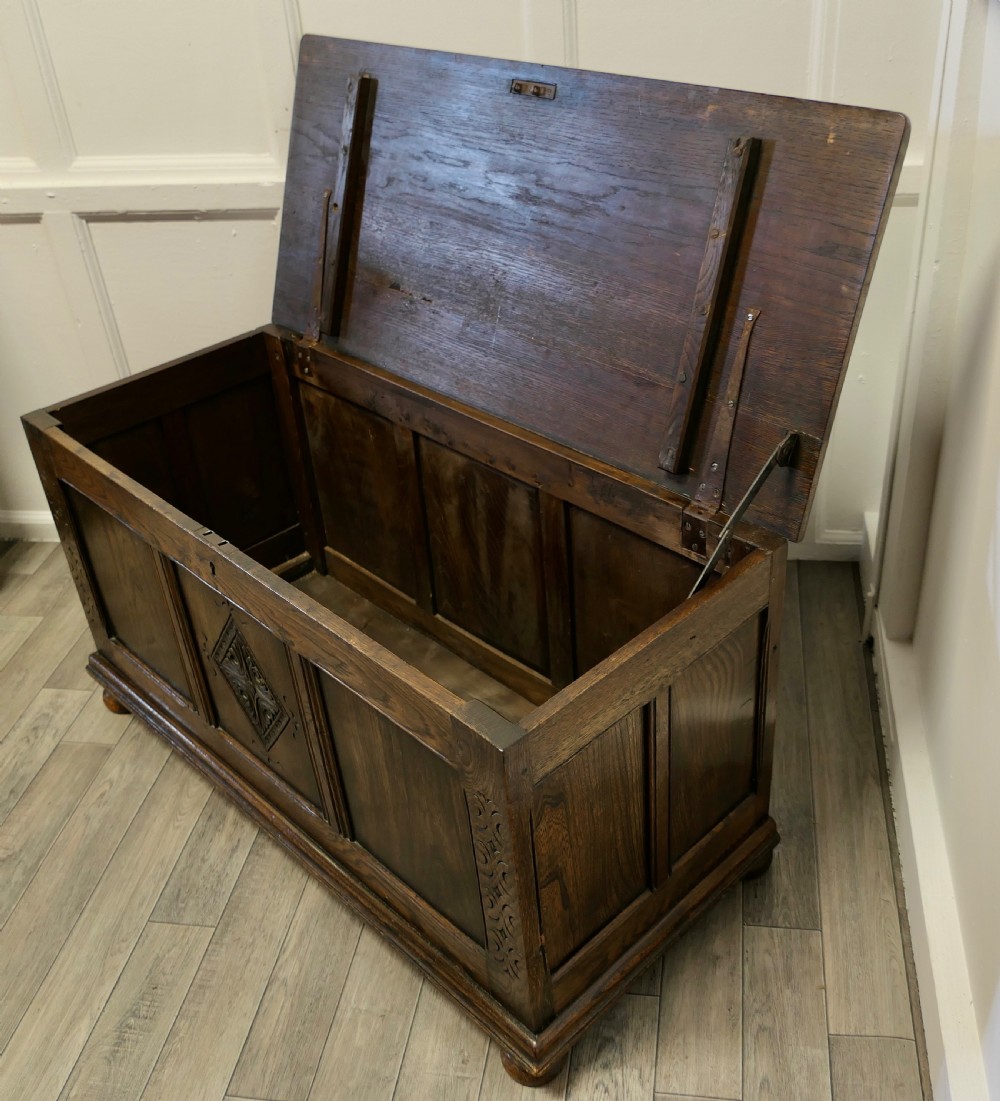 Arts and Crafts Carved Panelled Oak Coffer  View V