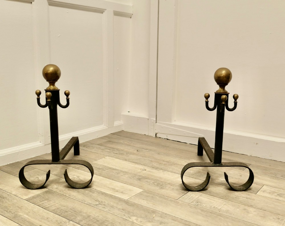 Pair of 19th Century Brass & Iron Andirons or Fire Dogs