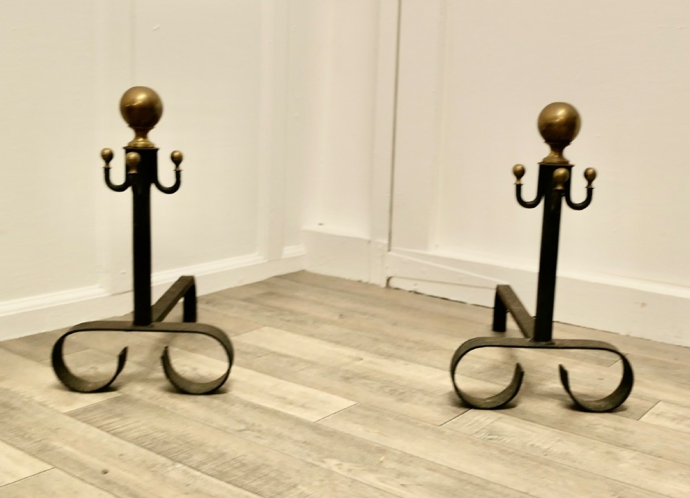 Pair of 19th Century Brass & Iron Andirons or Fire Dogs View II