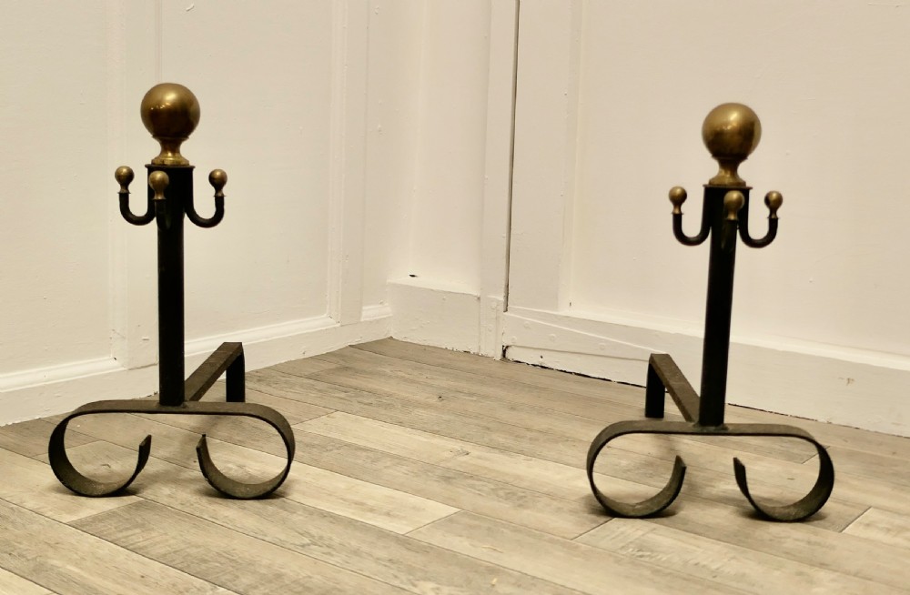 Pair of 19th Century Brass & Iron Andirons or Fire Dogs View III
