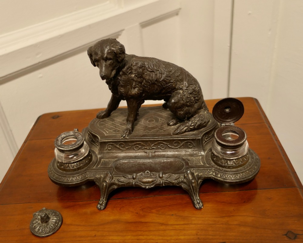 French 2 Pot Inkwell Stand with a Hunting Retriever Dog View III