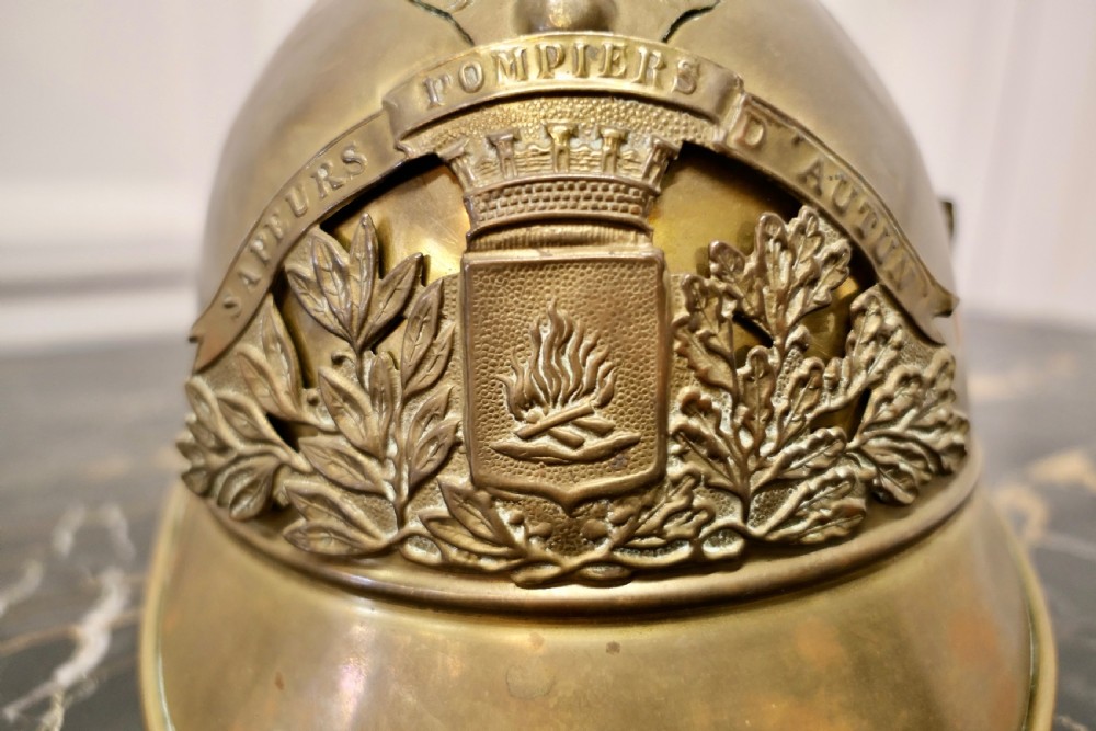 Original Brass French Sapeurs Pompiers d’ Autun Fireman’s Helmet View II