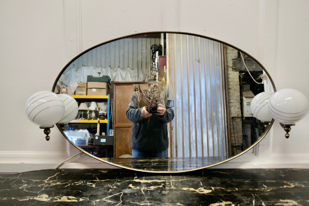 Large Art Deco Oval Wall Mirror with Globe Lights View IV