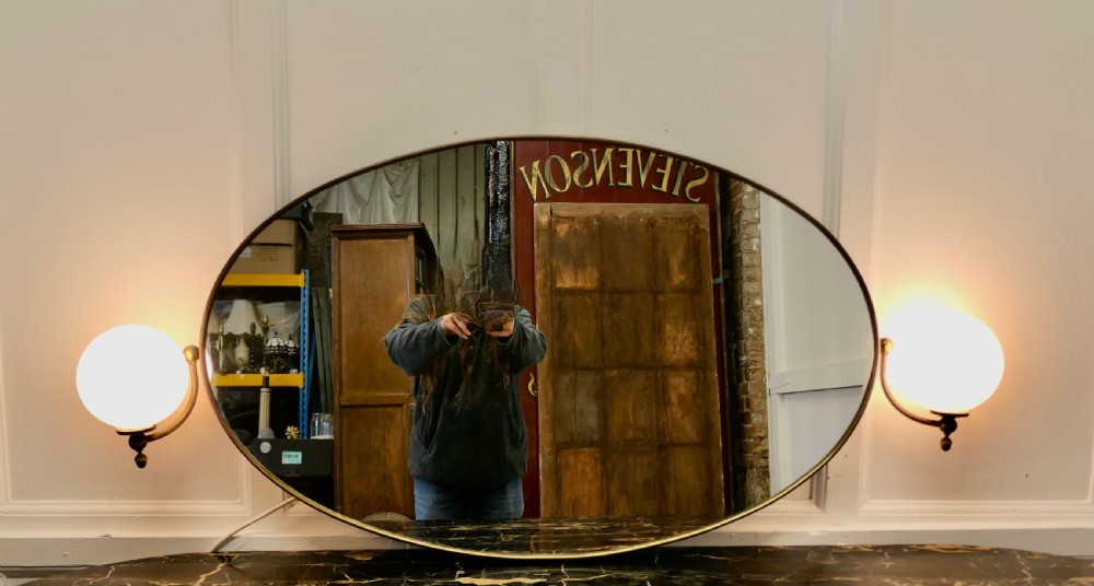 Large Art Deco Oval Wall Mirror with Globe Lights View V
