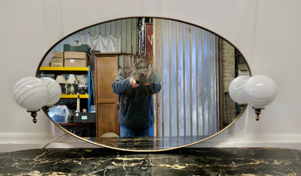 Large Art Deco Oval Wall Mirror with Globe Lights View IX