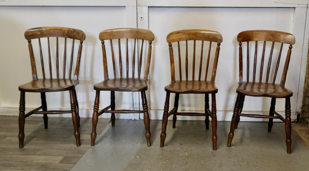 Set of 4 Victorian Elm Seated Stick Back Kitchen Dining Chairs