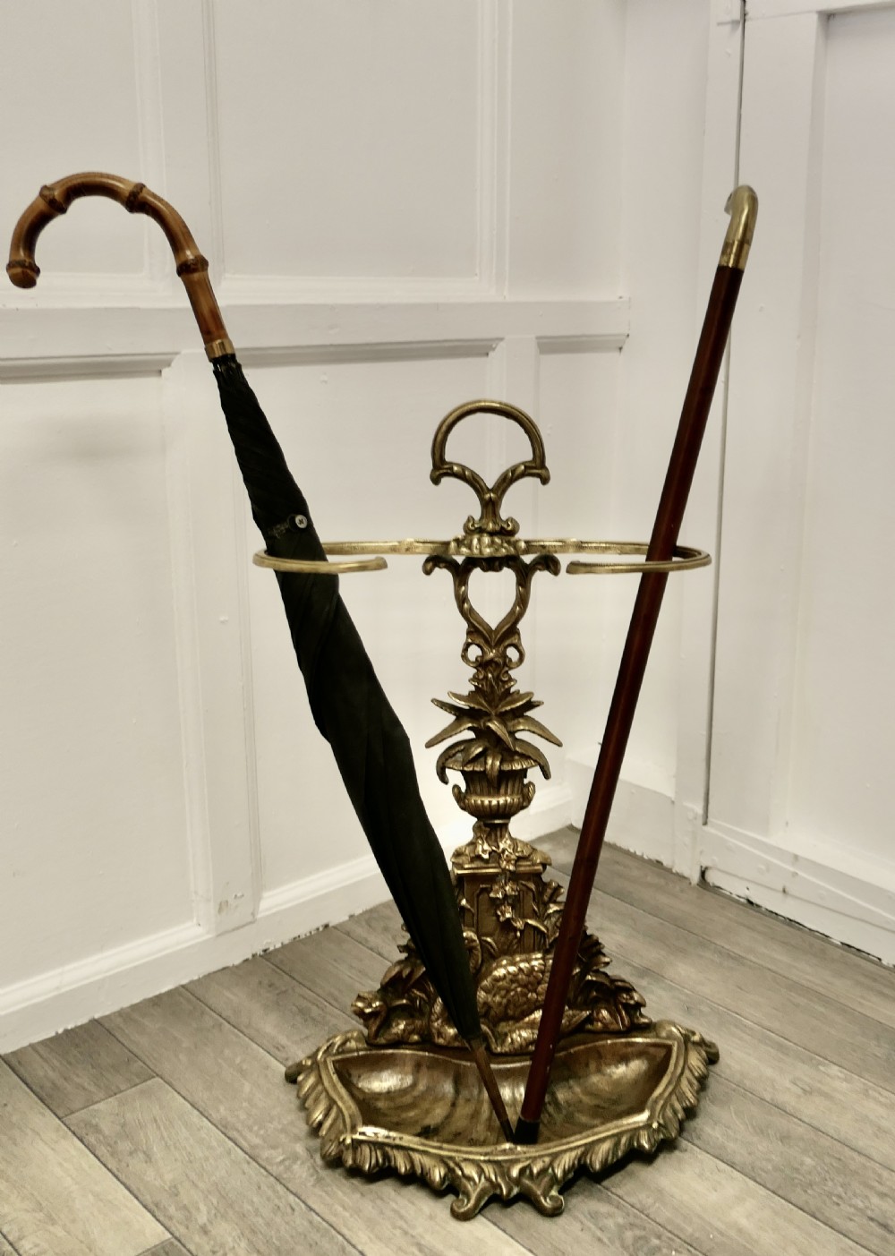Art Nouveau Cast Iron Brass Walking Stick Stand, Swans View V