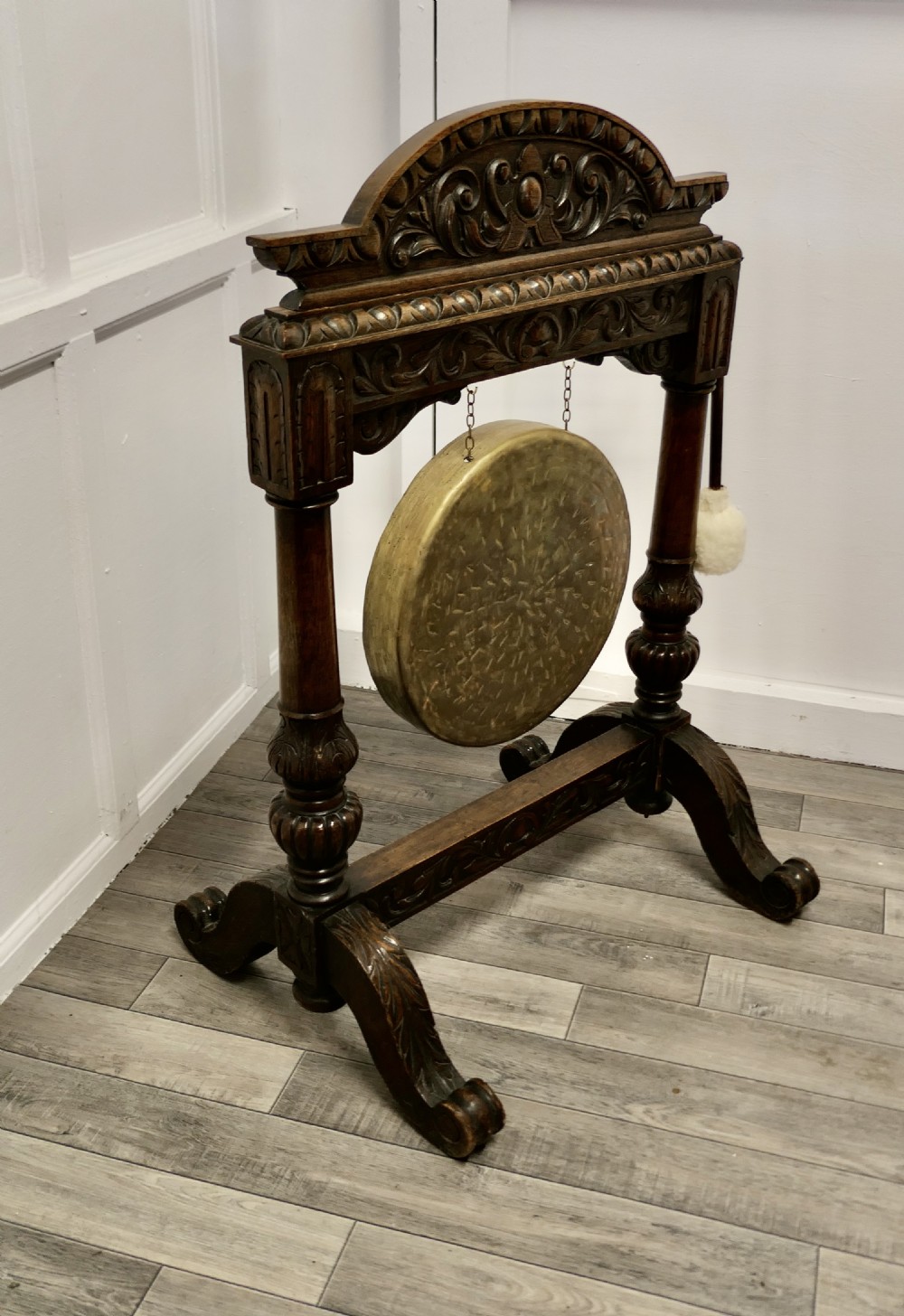 A Large Gothic Carved Oak and Brass Dinner Gong View VI