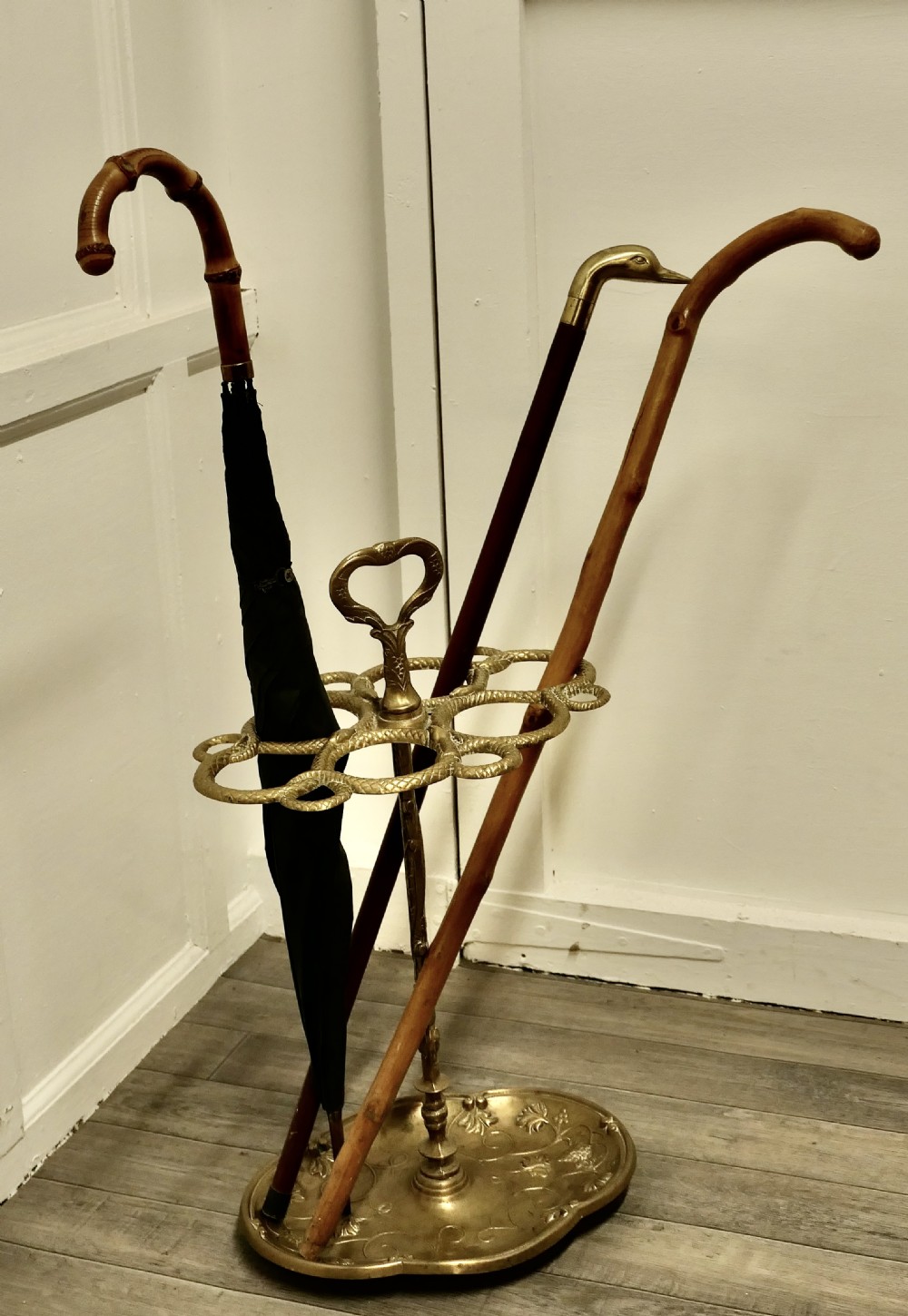 Entwined Snake Cast Iron Brass Walking Stick Stand  View VII