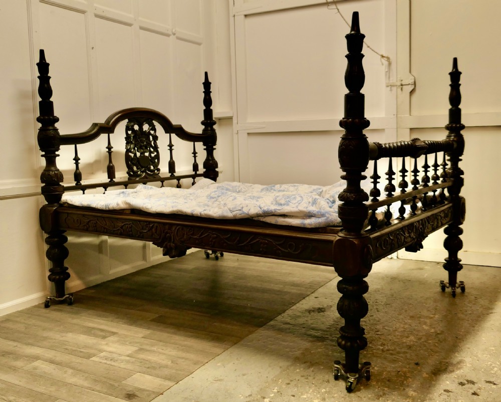 Colonial Raj Double Bed, Anglo Indian Carved Double Bed View IX