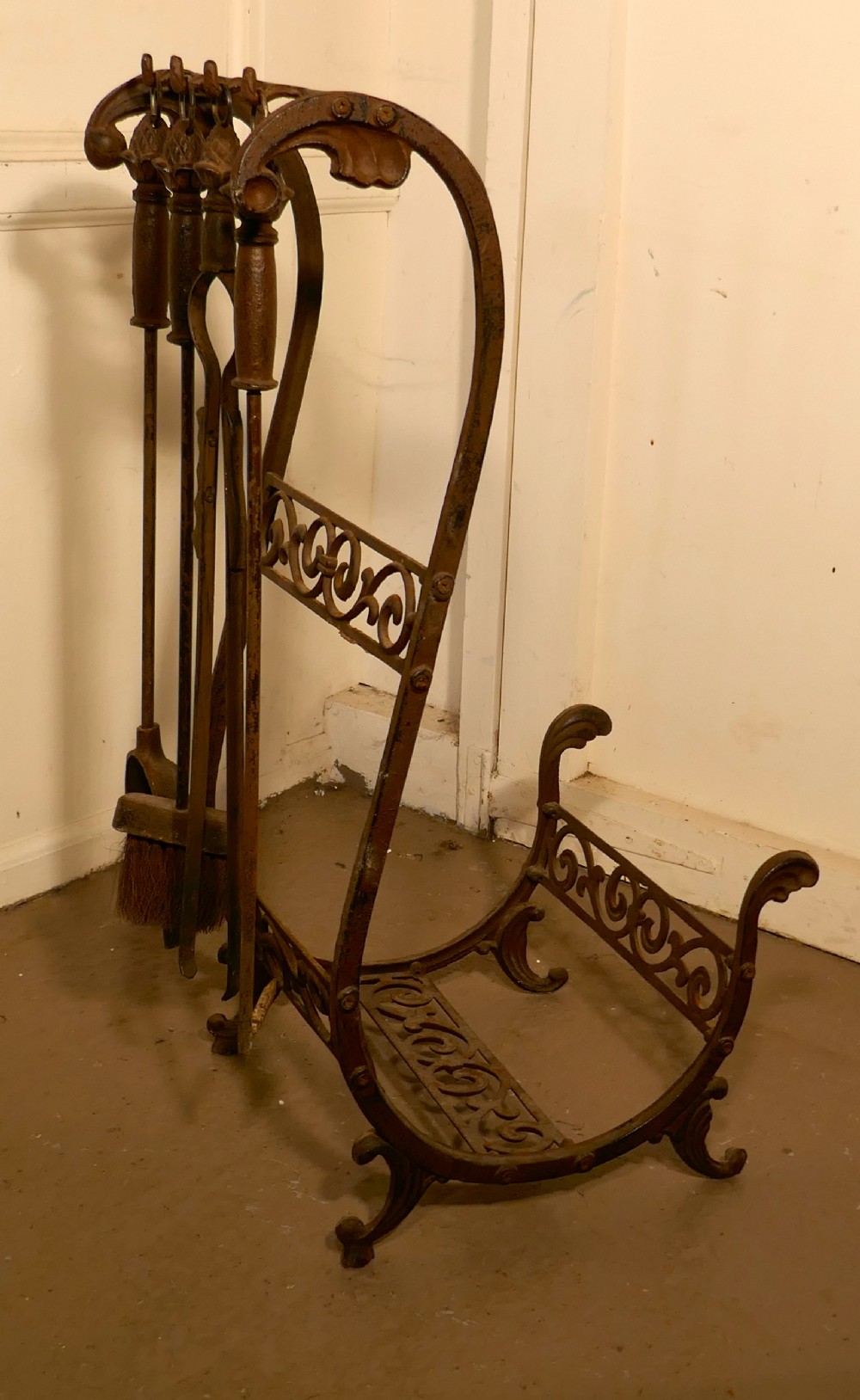 Very Unusual Wrought Iron Log Carrier and Companion Set