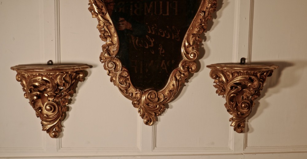Large 19th Century French Rococo Gilt Console Mirror and Wall Brackets Set View IV