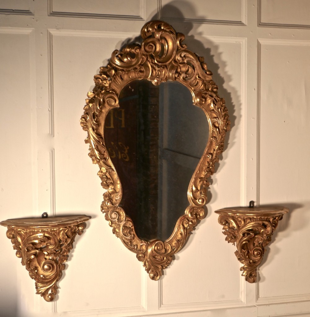 Large 19th Century French Rococo Gilt Console Mirror and Wall Brackets Set View V