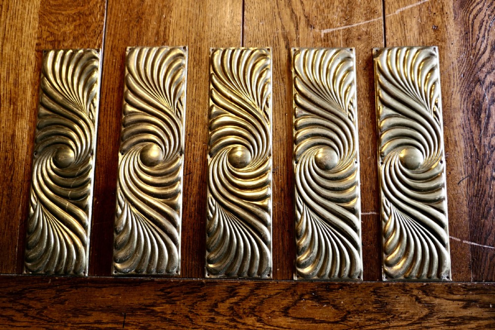 A Large Set of 5 Art Deco Brass Door-furniture Finger Plates 