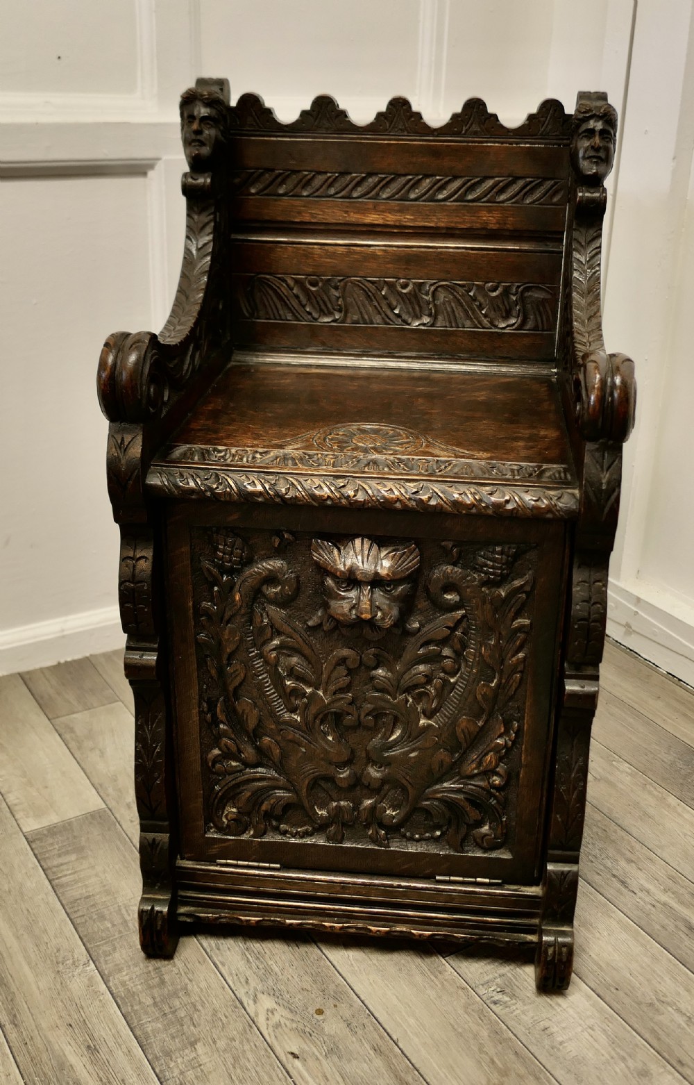 Small Gothic Carved Oak Green Man Settle, Hall Seat