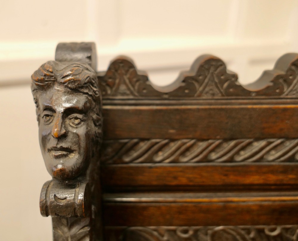 Small Gothic Carved Oak Green Man Settle, Hall Seat View III