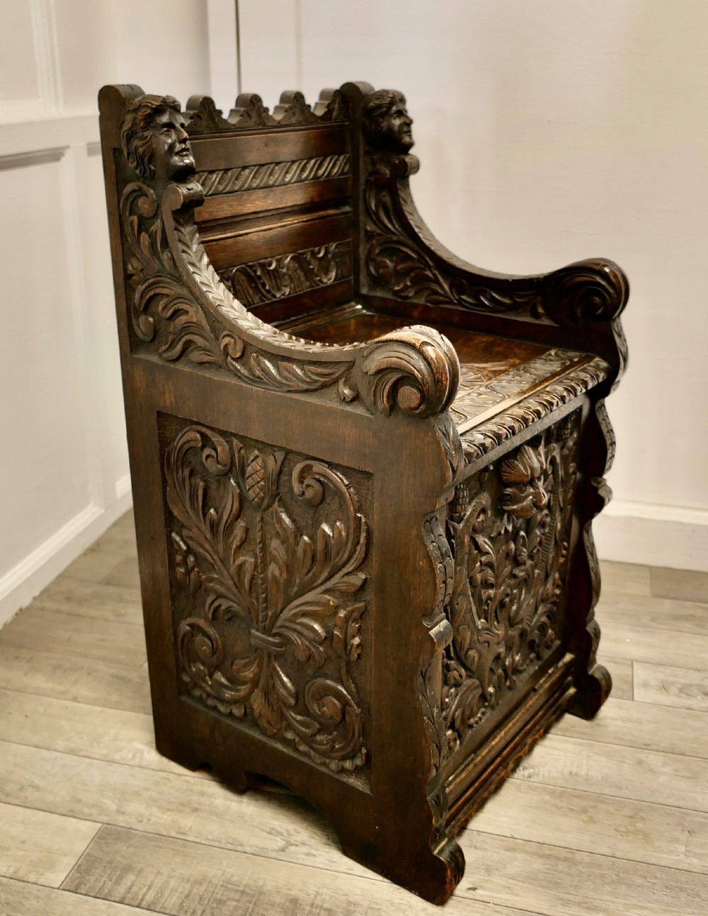 Small Gothic Carved Oak Green Man Settle, Hall Seat View IV