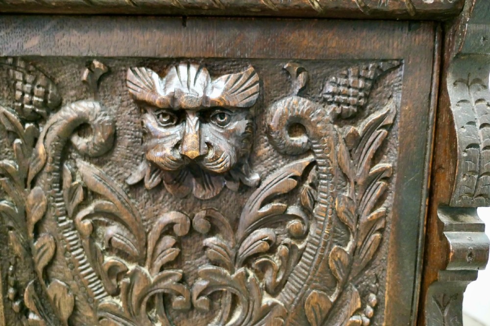 Small Gothic Carved Oak Green Man Settle, Hall Seat View V