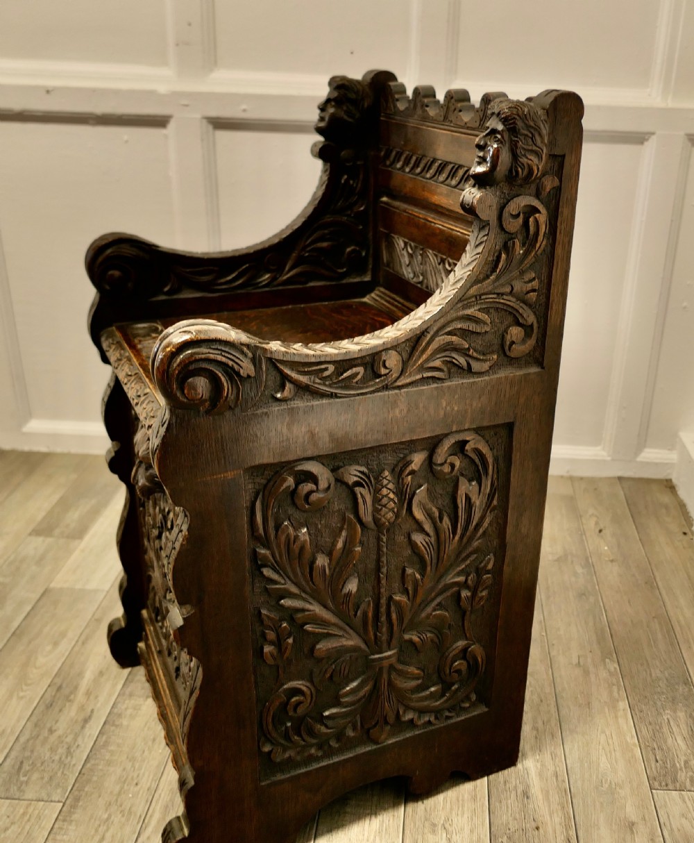 Small Gothic Carved Oak Green Man Settle, Hall Seat View VII