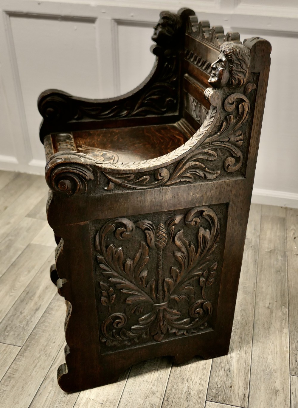 Small Gothic Carved Oak Green Man Settle, Hall Seat View IX