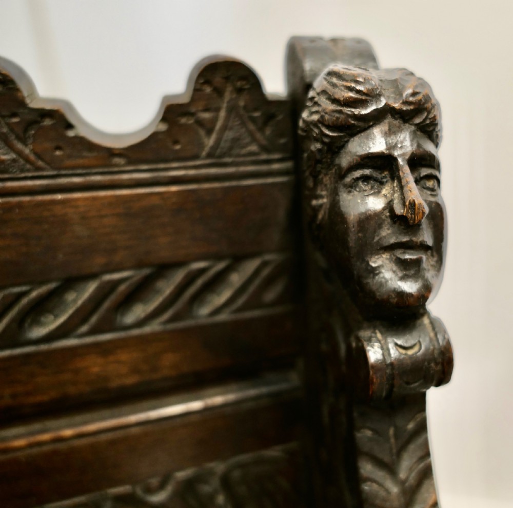 Small Gothic Carved Oak Green Man Settle, Hall Seat View X