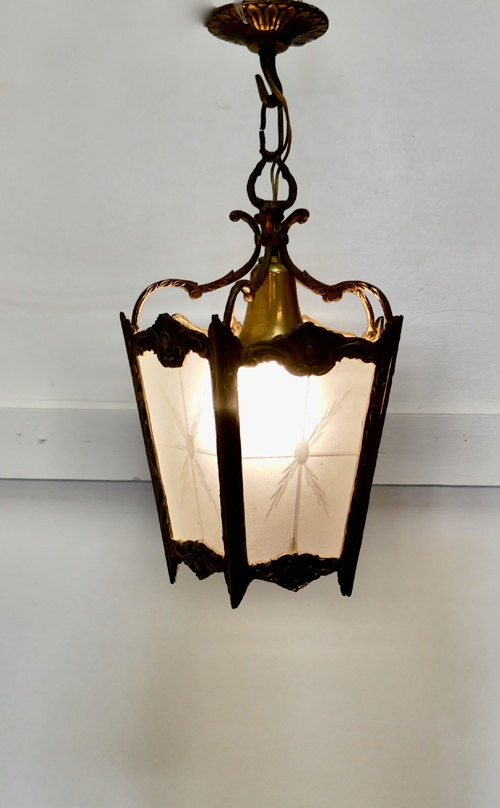 French Art Deco Brass and Etched Glass Lantern Hall Light