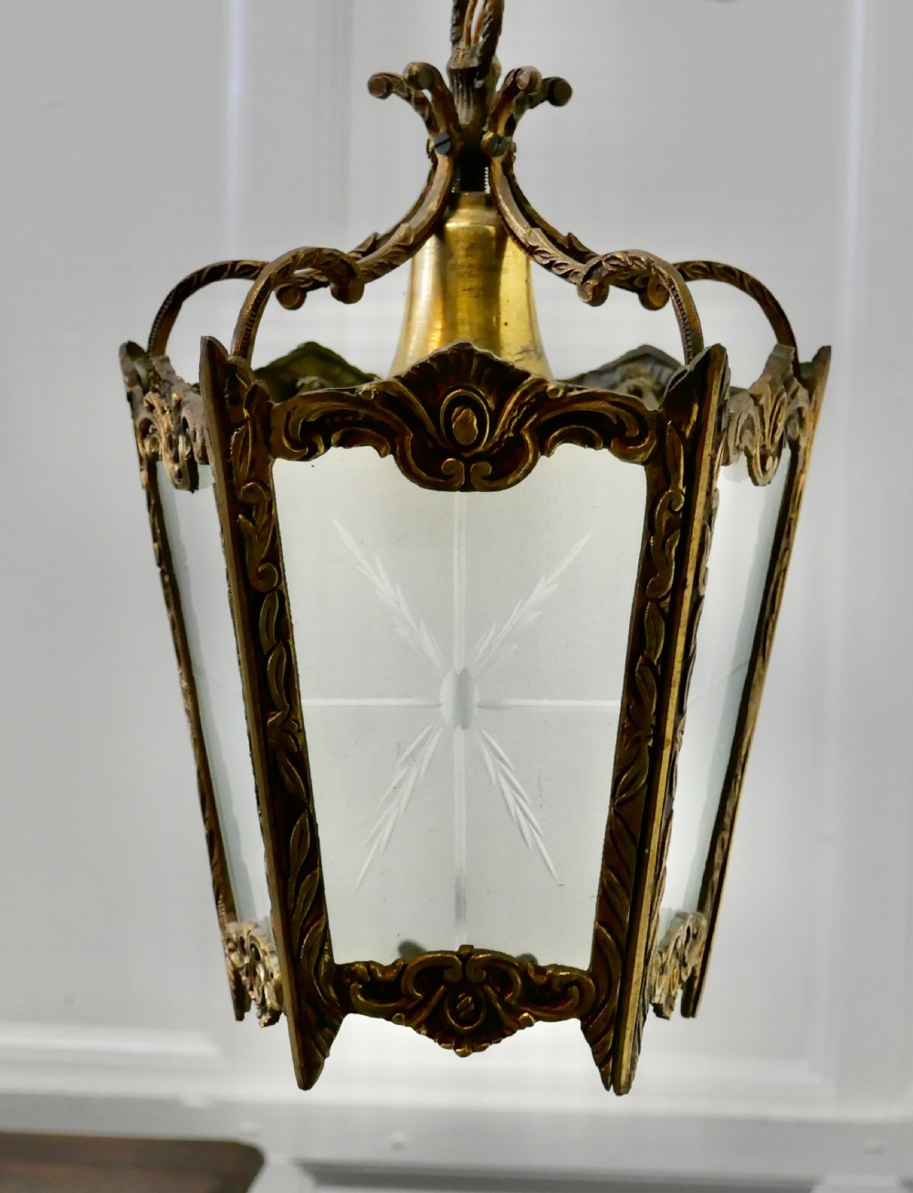 French Art Deco Brass and Etched Glass Lantern Hall Light View VII