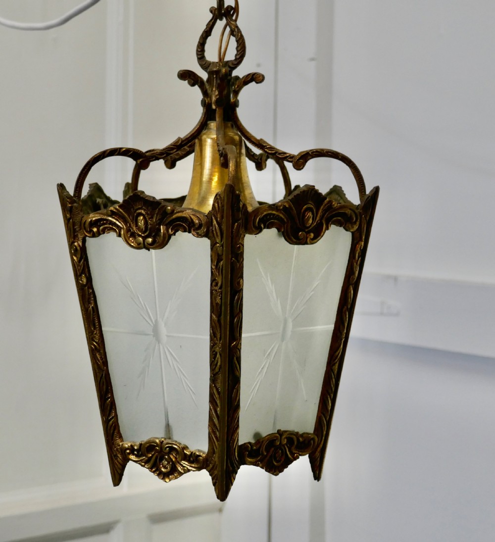 French Art Deco Brass and Etched Glass Lantern Hall Light View VIII