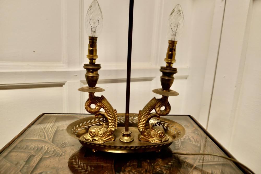 French Painted Toleware and Brass Twin Desk Lamp View II