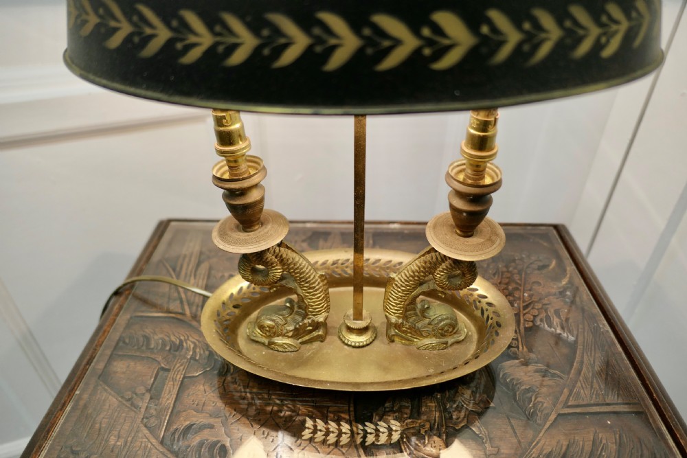 French Painted Toleware and Brass Twin Desk Lamp View VI