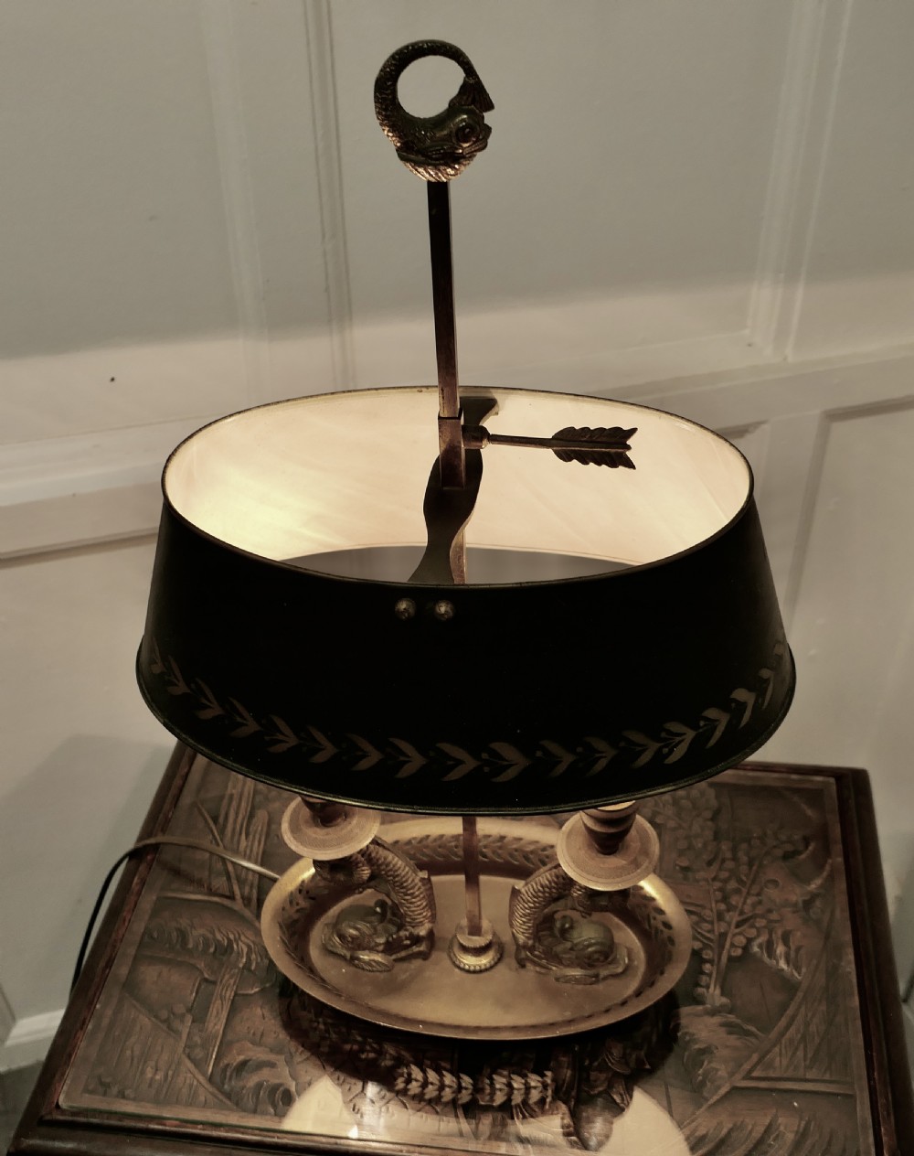 French Painted Toleware and Brass Twin Desk Lamp View VII