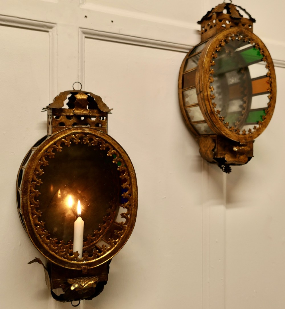 A Very Rare Pair Gilded Toleware Wall Lanterns, Candle Sconces 