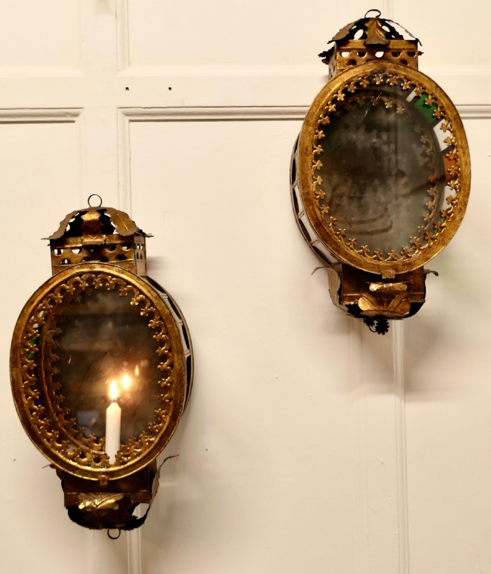 A Very Rare Pair Gilded Toleware Wall Lanterns, Candle Sconces  View III