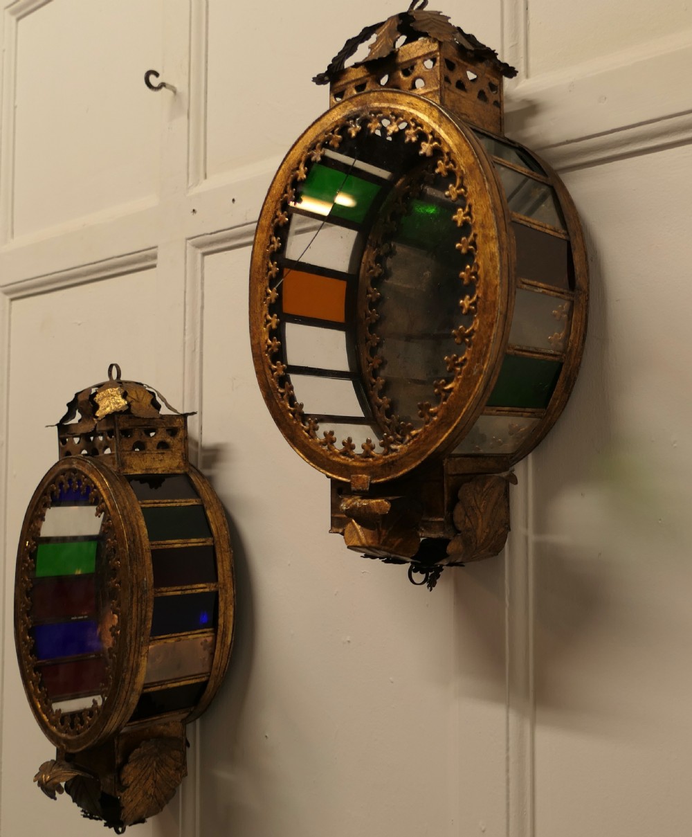 A Very Rare Pair Gilded Toleware Wall Lanterns, Candle Sconces  View IV