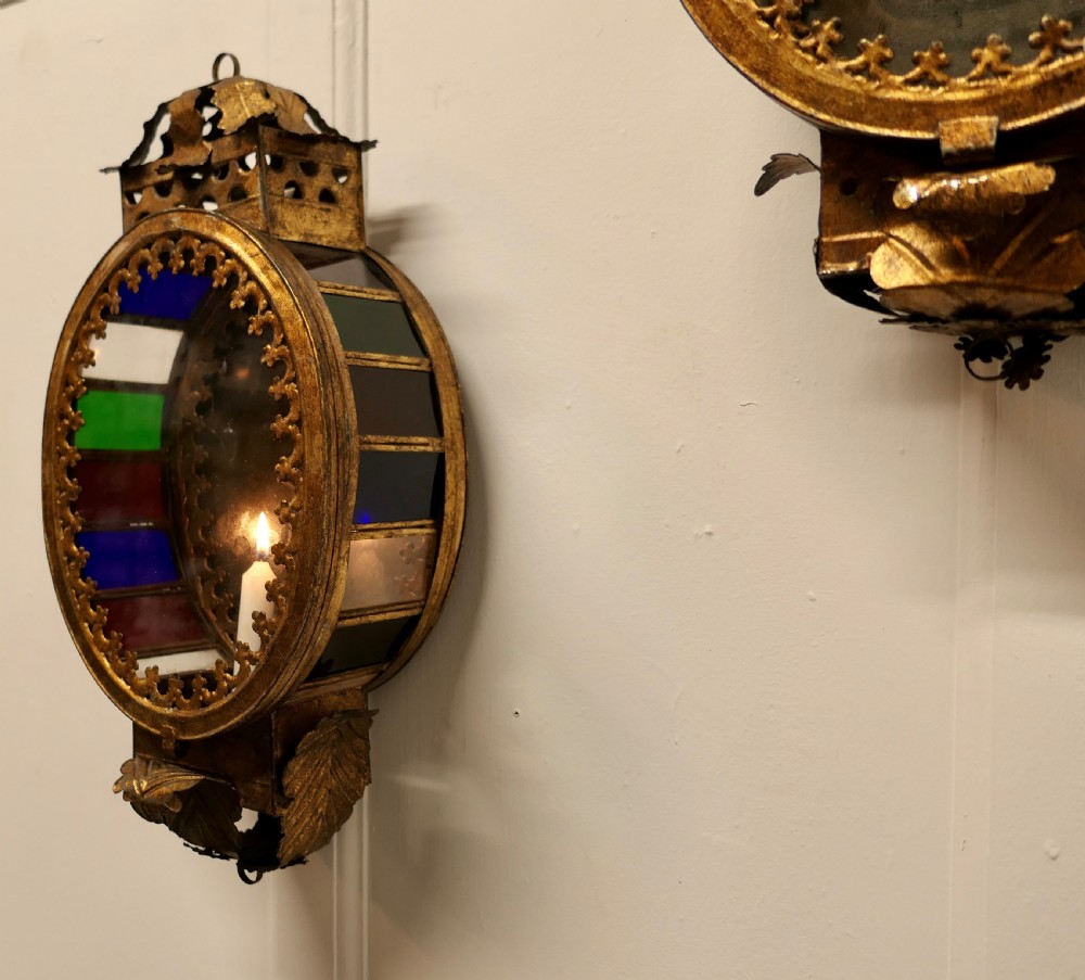 A Very Rare Pair Gilded Toleware Wall Lanterns, Candle Sconces  View V