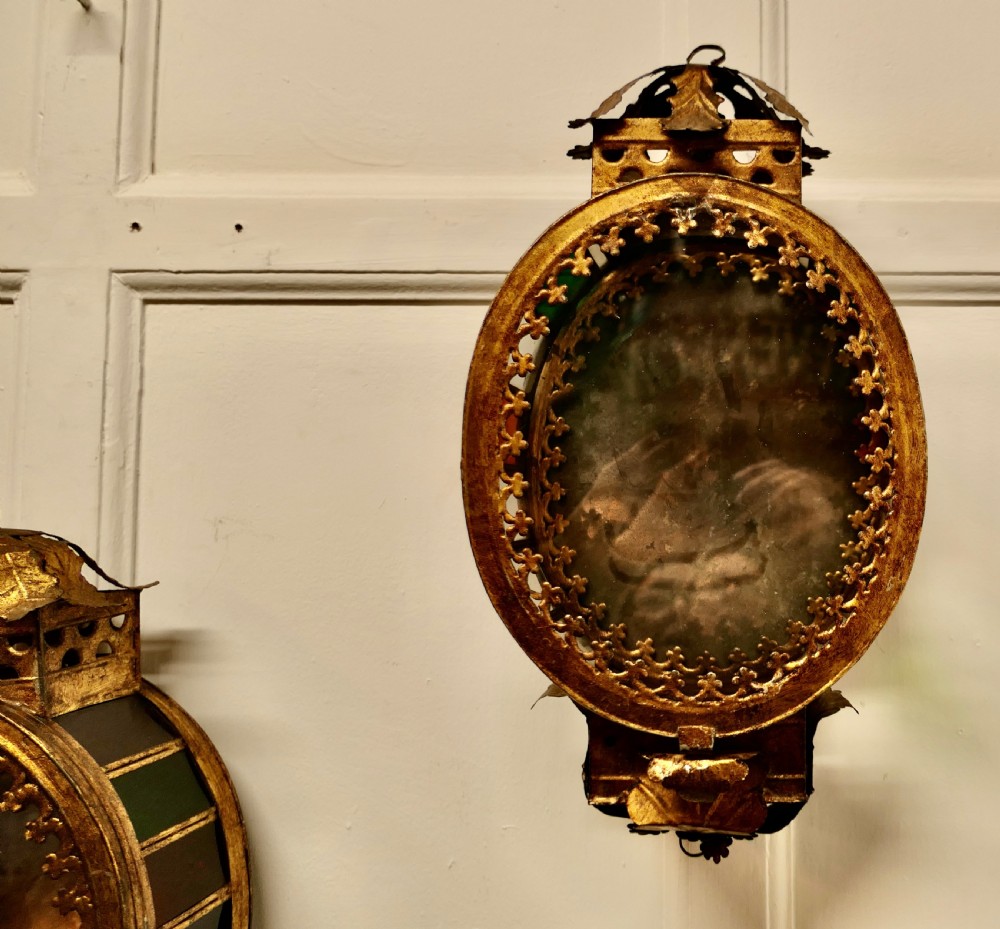 A Very Rare Pair Gilded Toleware Wall Lanterns, Candle Sconces  View VII