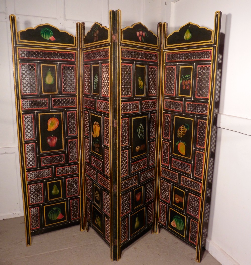 A Large 19th Century North African Folk Art Pierced, Painted 4 Fold Screen