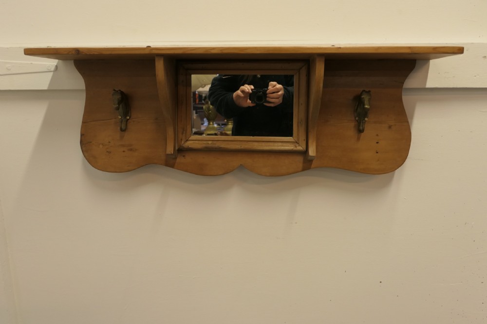 Arts and Crafts Pine Wall Mirror with Shelf and Coat Hooks