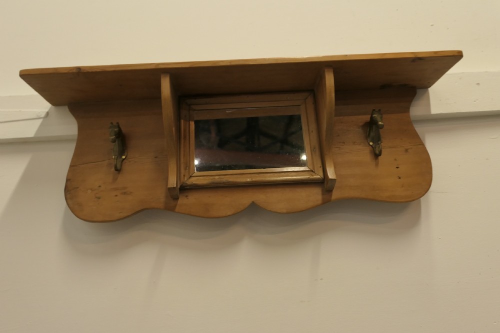 Arts and Crafts Pine Wall Mirror with Shelf and Coat Hooks View II