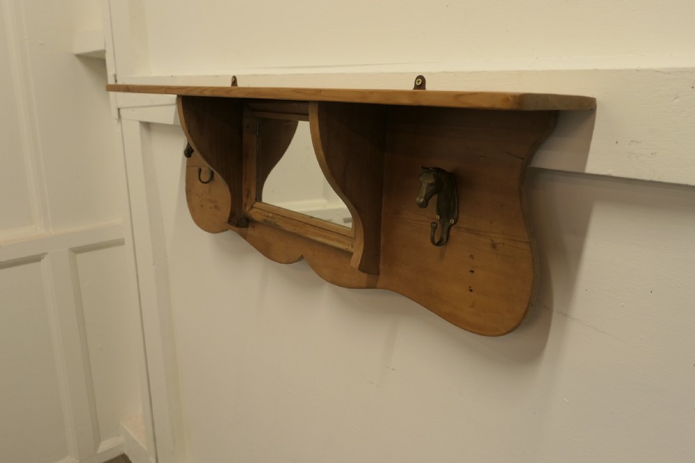 Arts and Crafts Pine Wall Mirror with Shelf and Coat Hooks View IV