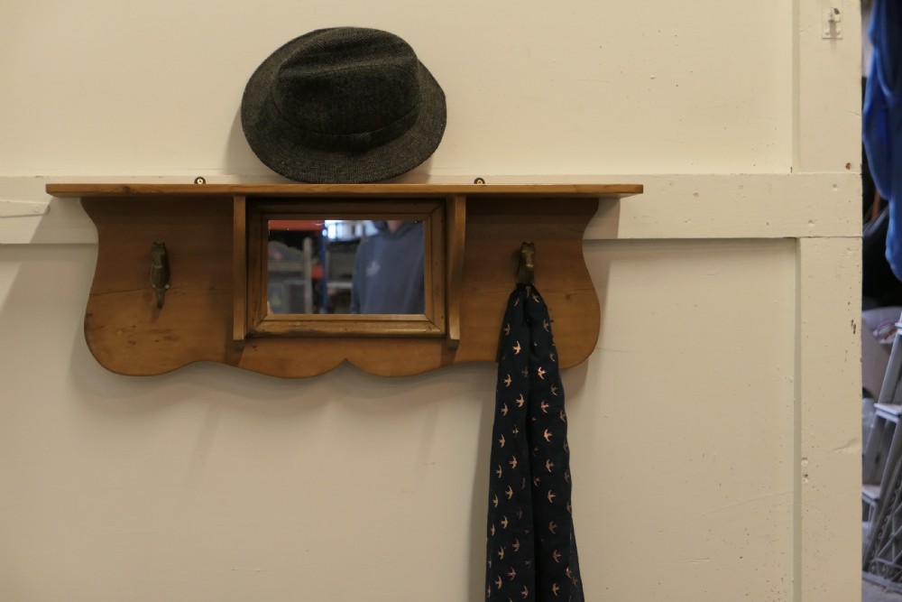 Arts and Crafts Pine Wall Mirror with Shelf and Coat Hooks View V