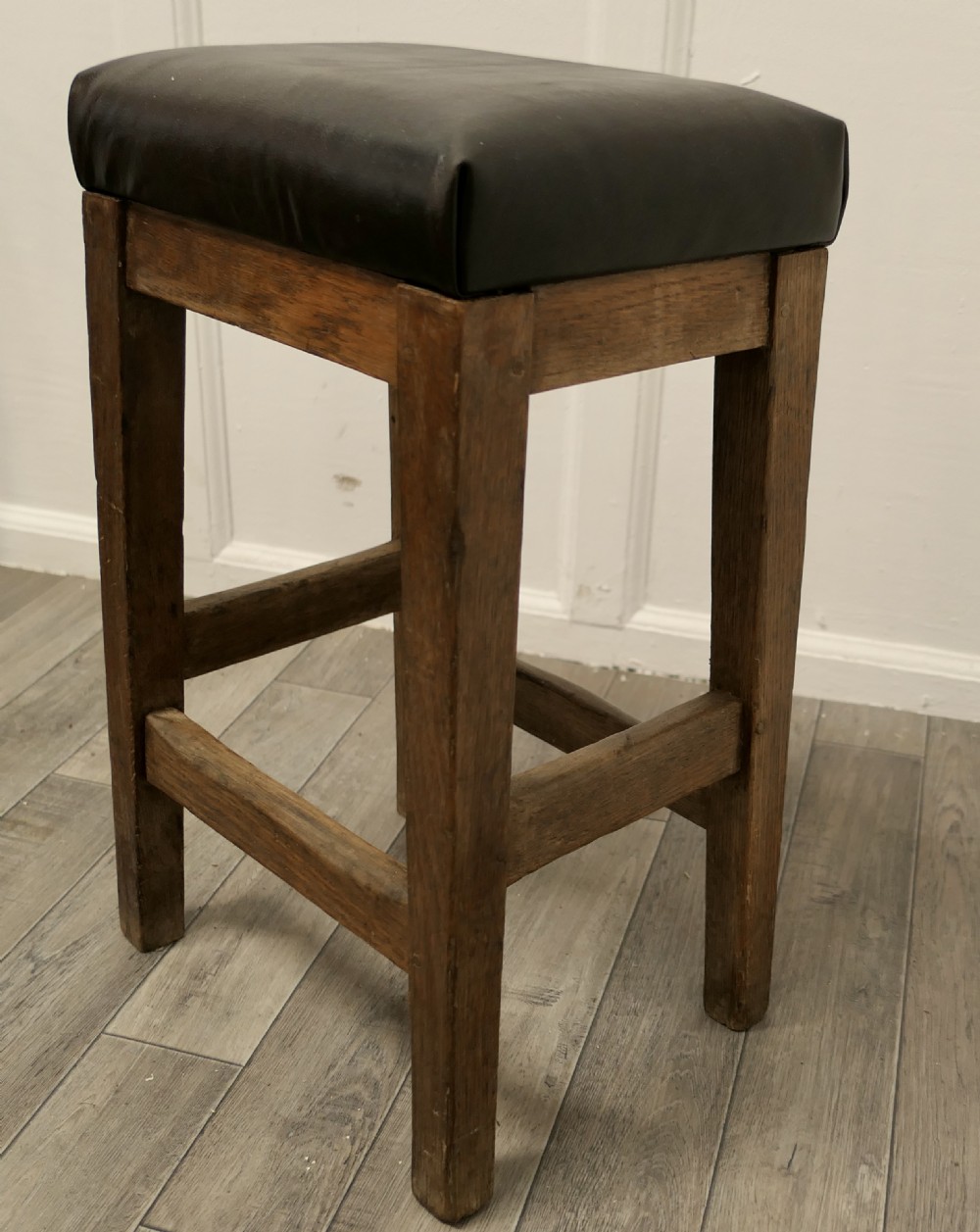 Arts and Crafts Golden Oak and Leather Stool View IV