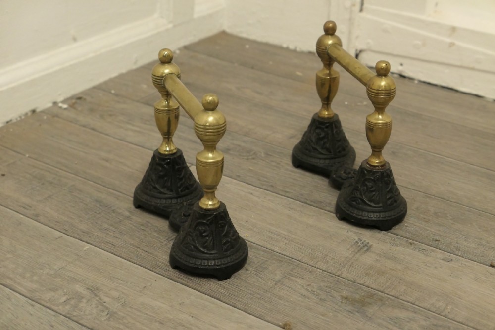 A Sturdy Pair of Victorian Brass and Iron Andirons or Fire Dogs