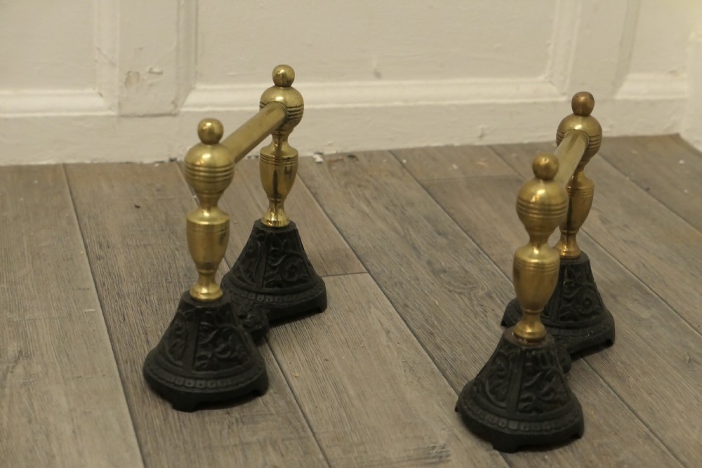 A Sturdy Pair of Victorian Brass and Iron Andirons or Fire Dogs View II